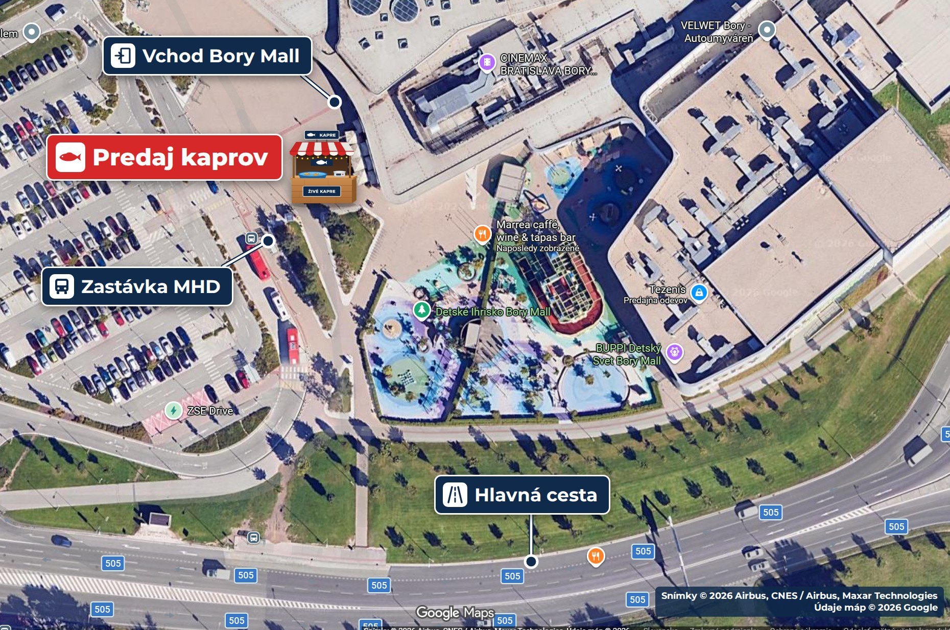 Mapka: stánok s predajom kaprov pri vchode do Bory Mall od zastávky MHD, pri reštaurácii KUBU